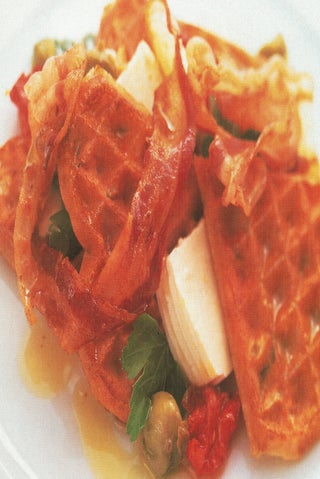 Spring Onion Waffles With Semi Sundried Tomatoes And Fresh Cheese