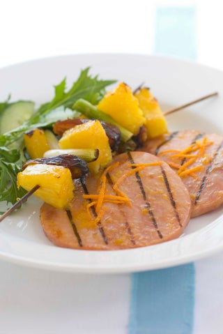 Glazed Ham Steaks With Date And Pineapple Kebabs