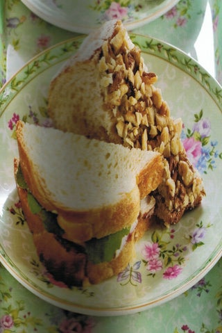 Pear and blue cheese sandwiches with toasted walnut crumbs