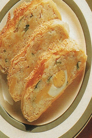 Cheese, salmon and onion strudel