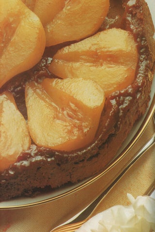 Upside-down pear tart with chocolate pastry