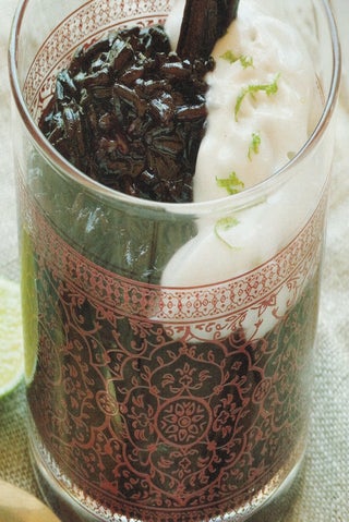 Vanilla black rice pud with orange syrup and coconut cream