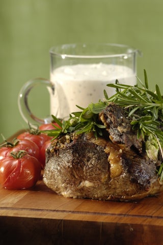 Sage and peppered scotch fillet of beef with fresh cream sauce