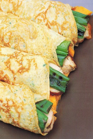 Spring onion pancakes filled with teriyaki chicken