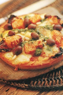 Pumpkin, feta and pesto pizza